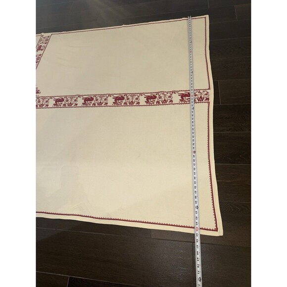 Vintage Christmas Tablecloth Nordic Red Cross Stitch 116x65” Cream Holiday Folk - Picture 13 of 16